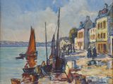 tableau représentant une scène portuaire avec des bateaux et des personnes sur le rivage