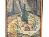 tableau représentant une nature morte avec une bouteille de vin et des fruits posés sur une table