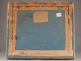 an old painting of a blue and brown frame with a label on it