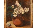 une peinture à l'huile représentant des fleurs dans un vase sur une table