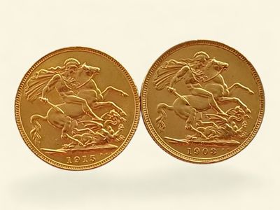 deux souverains d'or sur lesquels figurent un cheval et son cavalier
