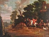 peinture d'un groupe d'hommes à cheval dans une zone boisée