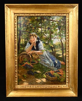 une peinture à l'huile représentant une femme assise dans l'herbe avec un panier de fruits