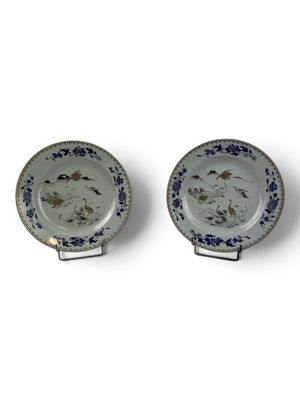 two blue and white plates with birds on them on a white surface