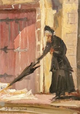 un tableau représentant une femme tenant un parapluie devant un immeuble