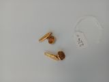 two gold screws on a white surface next to a tag