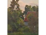 a painting of a house in a field with trees in the background