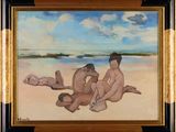 an oil painting of three naked men sitting on a beach