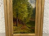 une peinture à l'huile représentant une scène forestière avec un ruisseau au premier plan