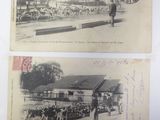 two old postcards of people standing in front of a building