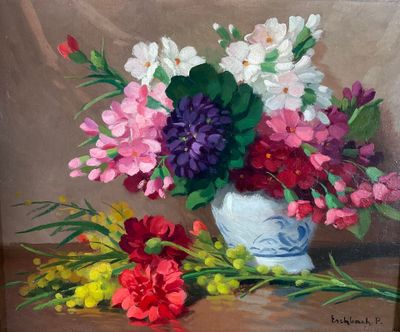 a painting of flowers in a vase on a table