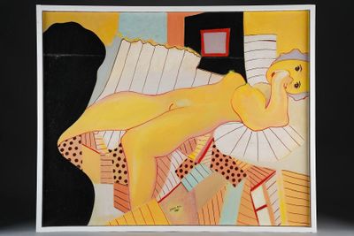 a picture of a painting of a woman laying on a bed