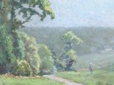 an oil painting of a person walking down a path in a field