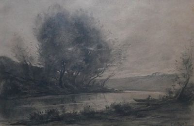painting of a landscape with a river and trees in the foreground