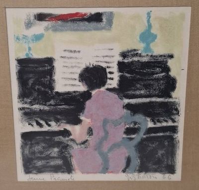 an image of a painting of a woman sitting at a piano