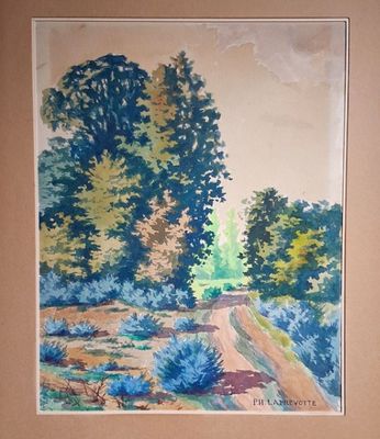 Aquarelle sur papier, (32x24 cm), "Paysage", (verre cassé), …