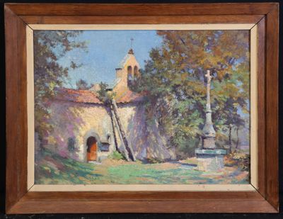 an oil painting of a church with a bell tower in the background