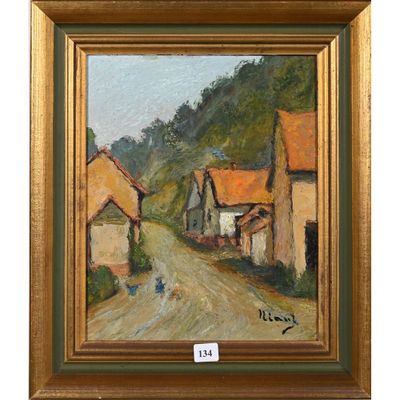une peinture à l'huile représentant une route bordée de maisons, avec une personne qui la longe