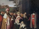 painting of a group of people standing in front of a building