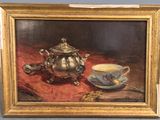 une peinture à l'huile représentant une théière et une tasse posées sur une table