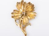a close up of a gold flower brooch on a white background