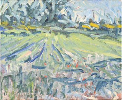 une peinture à l'huile représentant un champ vert avec des arbres en arrière-plan