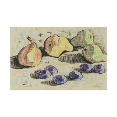 a painting of apples and plums on a table