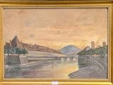 an oil painting of a bridge over a river with buildings in the background