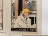 three posters of a man sitting at a table in front of a window