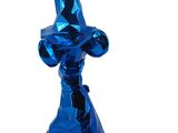 a shiny blue statue of a wizard on a white background