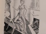 pencil drawing of a woman standing in a room with a fireplace