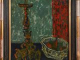 an image of a painting of a candle and a basket on a table