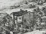 drawing of a landscape with a house and a cow in the foreground