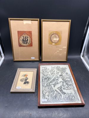 three framed pictures of a woman and a man on a black background