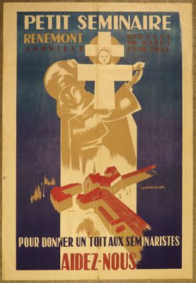 affiche française représentant une femme tenant une croix et un homme tenant un marteau