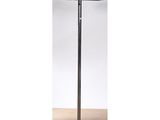 a black lamp on a metal stand with a white background