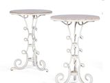 pair of white wrought iron tables with marble top