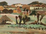 une peinture d'un paysage avec une rivière au premier plan