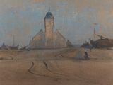 painting of a lighthouse with a boat in the foreground and a boat in the foreground