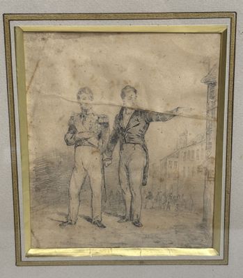 drawing of two men standing next to each other in front of a building