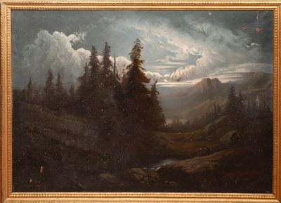 une peinture à l'huile représentant un paysage de montagne avec une rivière au premier plan et des arbres au premier plan