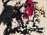 an image of a painting of a bull with red and black paint on it
