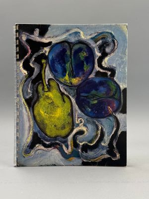 peinture représentant une poire bleue et jaune sur un fond noir et blanc