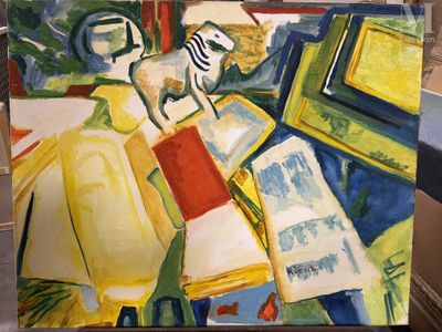 un tableau représentant un homme en train de lire un livre posé sur une table