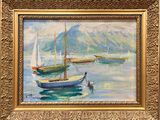 a painting of boats on the water with mountains in the background