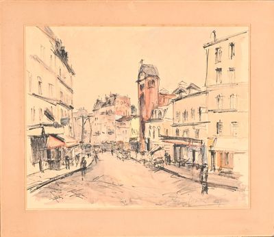 drawing of a street scene with a clock tower in the distance
