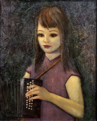 painting of a young girl holding an accordion in her hands