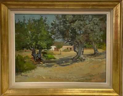 une photo d'un tableau représentant une scène de vie à la ferme, dans un cadre doré