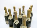 six bottles of champagne are lined up in a row on a white surface