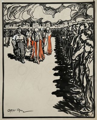 un dessin en noir et blanc représentant un groupe de personnes debout devant une foule